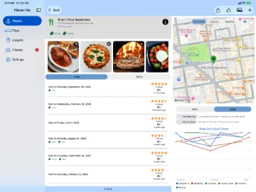 Places I Go on iPad: a pizza restaurant with its visits, map and item ratings chart