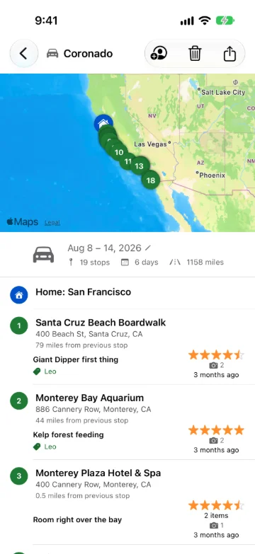 Places I Go on iPhone: a California road trip with its map and stops