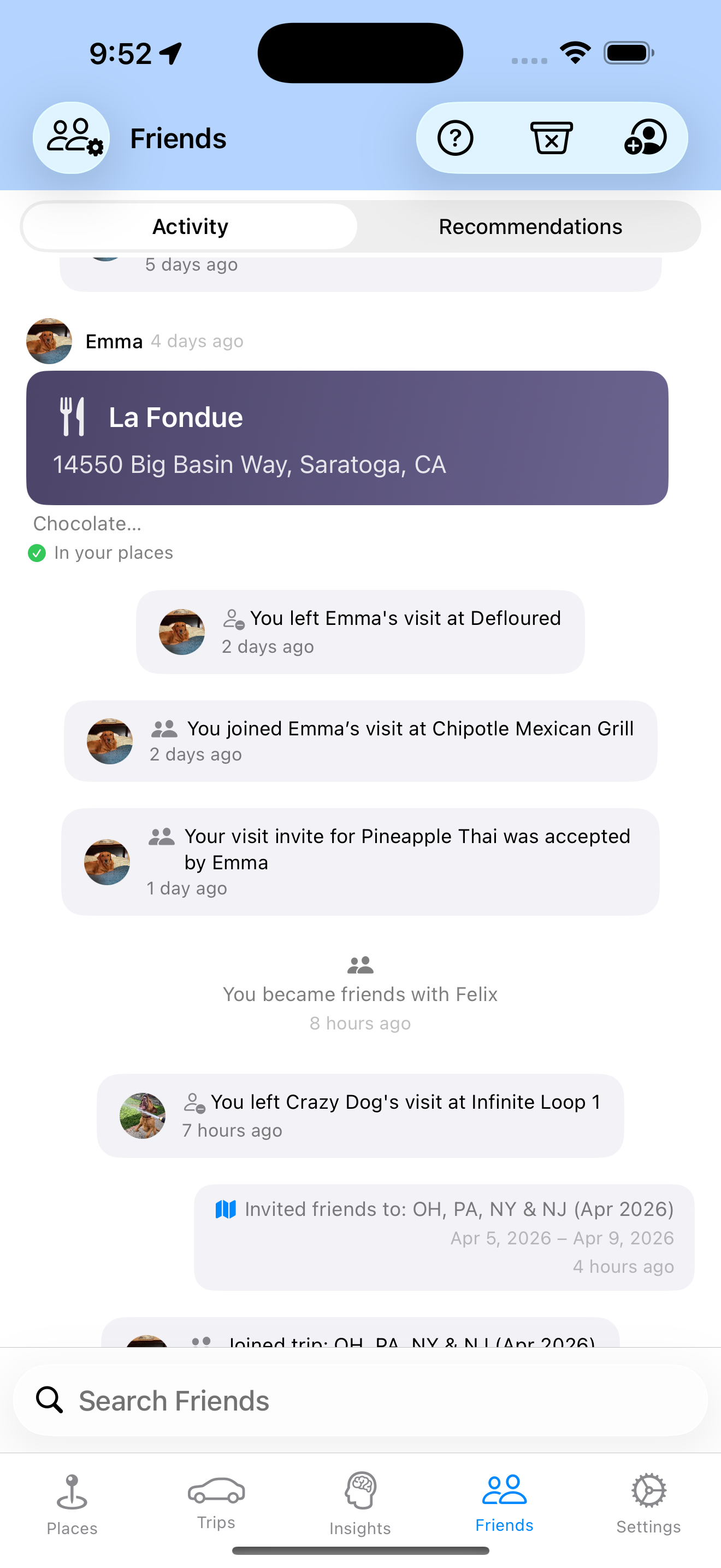 Friends activity feed showing recent visits and shared places