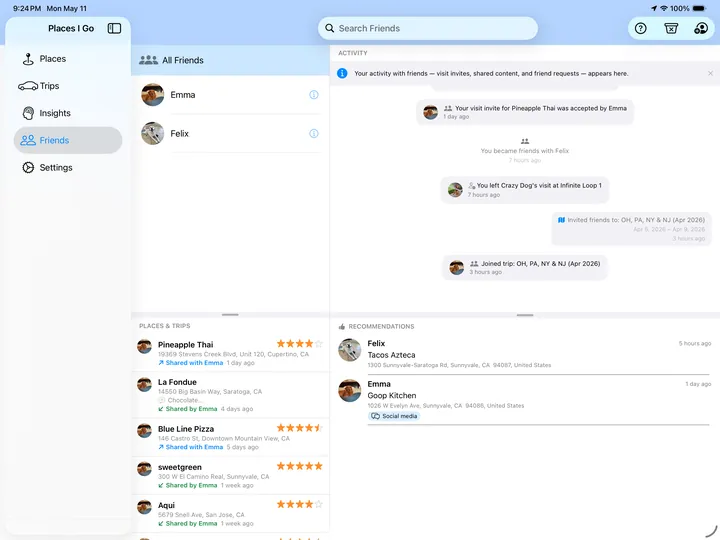 Friends tab on iPad showing activity, shared places, and recommendations together