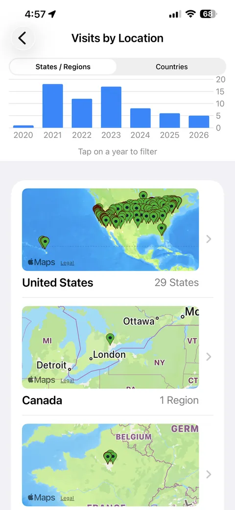 Places I Go GeoInsights world map showing visited countries