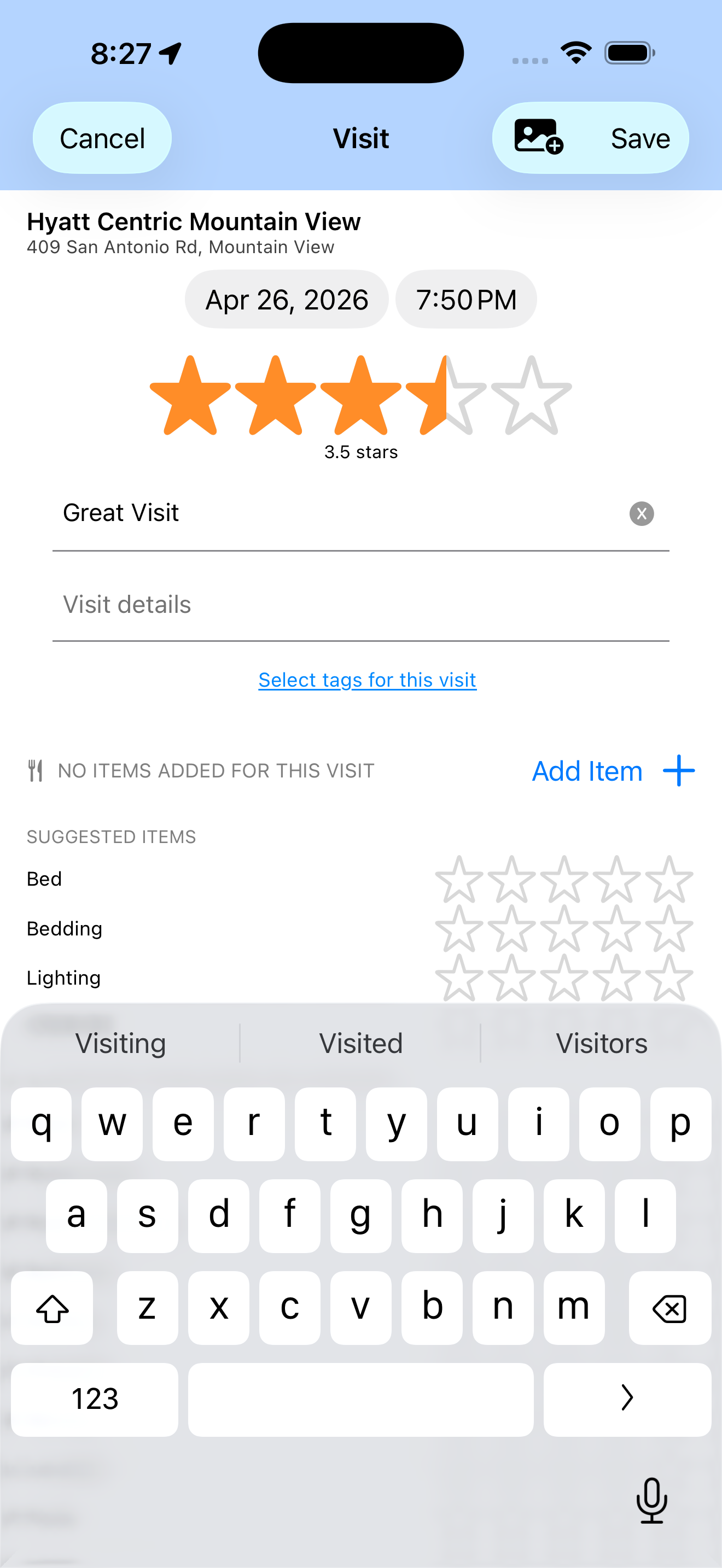 Adding a visit with ratings and notes