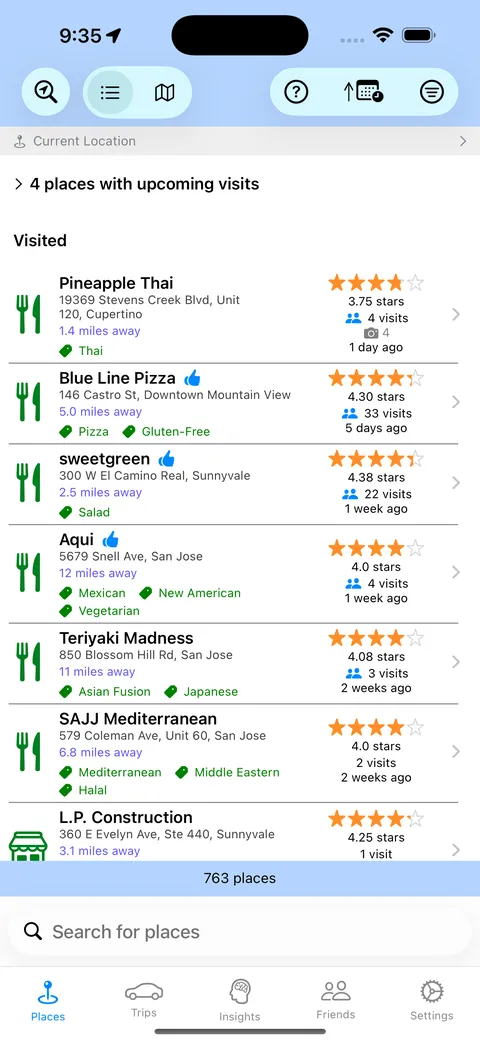 Saved places list in Places I Go