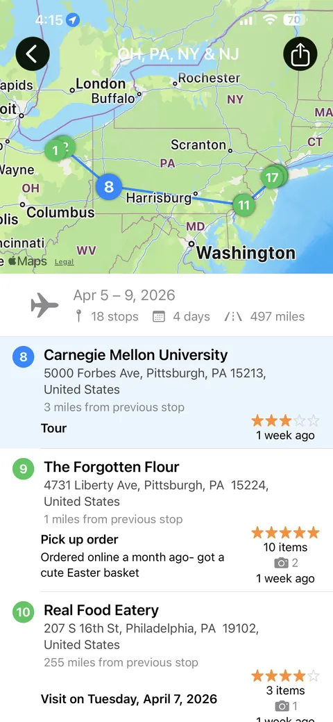 Places I Go trips view showing vacation and road trip maps
