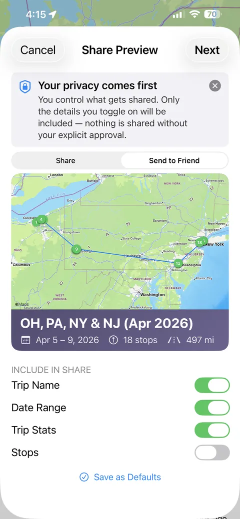 Sharing a trip with selective controls over what's included