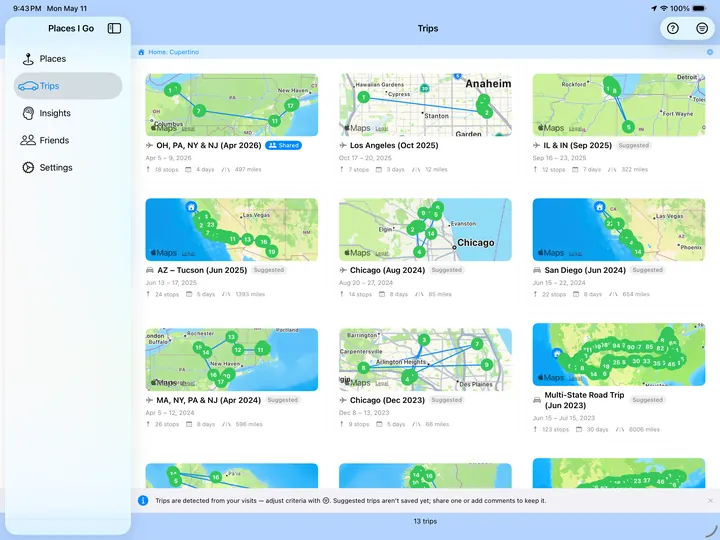 Trips gallery on iPad showing every trip as a card with map, dates, and stats